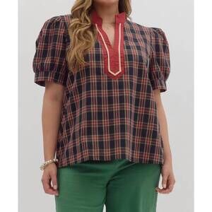 NEW ENTRO windsor plaid top in navy